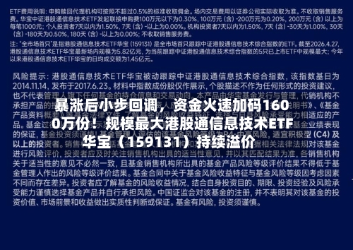 暴涨后小步回调	，资金火速加码1600万份！规模最大港股通信息技术ETF华宝（159131）持续溢价-第1张图片