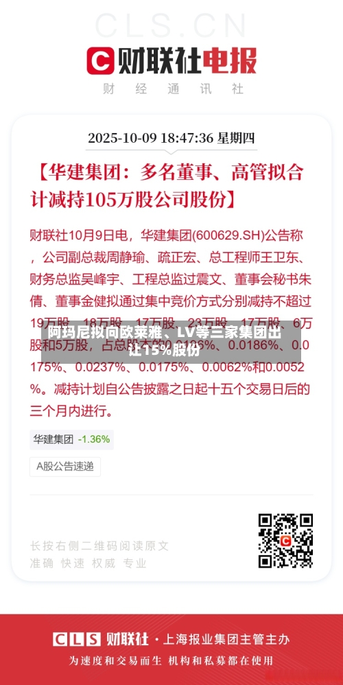 阿玛尼拟向欧莱雅	、LV等三家集团出让15%股份-第1张图片